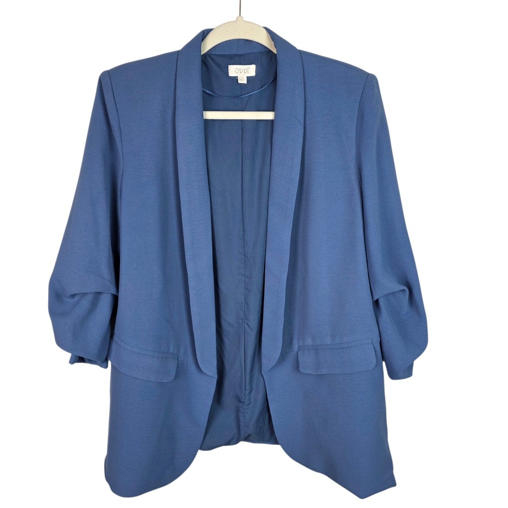 Oddi Open Front Blazer Womens L Blue Excellent Ruched Sleeve Shawl IJ15620